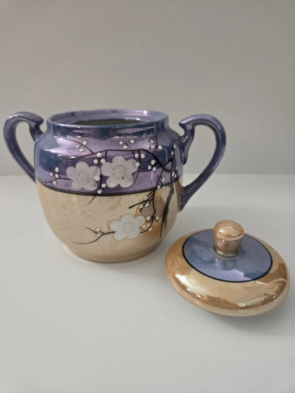 Takito Japan Lusterware Sugar Bowl w/ Lid Cherry Blossom Art Deco 1920s vintage